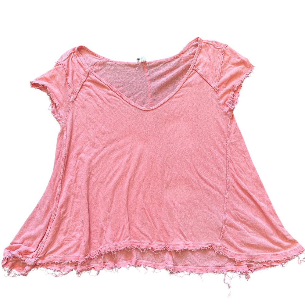 We The Free Free People Coral Pink Distressed V-Neck Raw Hem Slub Knit Tee S